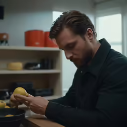 a man is eating an orange and a bowl of fruit