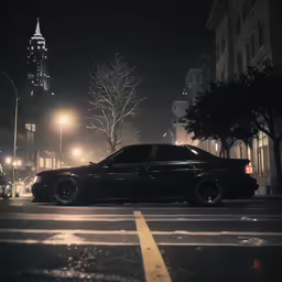 a black vehicle sits in the middle of a street at night