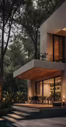 the outside of a modern house with a tree and water feature