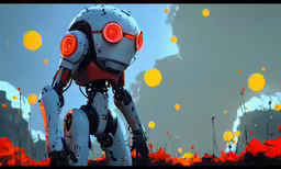 an animated robot stands in a field of flowers with bright orange balls