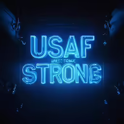 the neon sign says usaf strong and is lit up in the dark