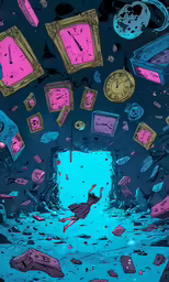a painting of an open space with clocks in it