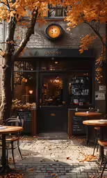 a sidewalk outside a cafe with fall leaves on the floor and a clock on the side of the building