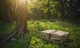 a suitcase sitting next to a tree in the middle of grass