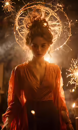 a woman is wearing an orange dress standing in front of fireworks