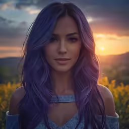 a beautiful young lady with purple hair and blue eyes