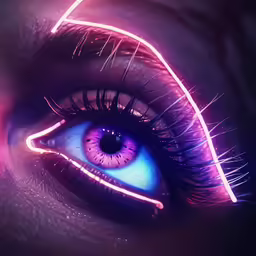 an eye with long eyelashes and glowing pink lights