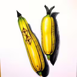 two drawings of a banana, one of which is yellow and one of the is black