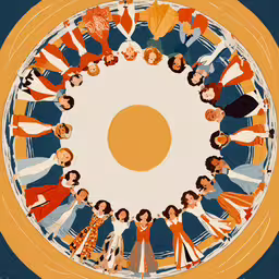 a colorful circle of people standing in front of a white and blue sky,the circle of people on orange, blue and yellow circles