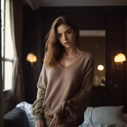 young lady sitting on bed looking at camera