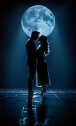 two people in the shadows kissing in front of a blue moon