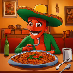 a painting shows a man sitting at a table looking down at the plate he is holding,an animated character sitting at a table with food and drink