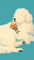 the big white dog is laying on his side reading,a painting with a person laying on top of a white dog