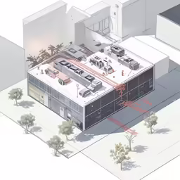 a building with a garage that has two cars on top of it
