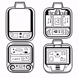 three different device designs with various functions to be viewed,four separate types of electronics in the shape of a television,the drawing is shown in black and white,cartoon old portable devices from the 70s,a tv with the buttons and sides in black and white