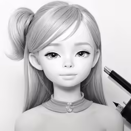 a doll with long hair and ponytails sitting in front of a pen