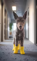 a small dog in rubber boots on the floor