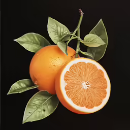 two oranges on a branch with leaves