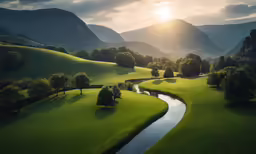 green rolling hills with a small river flowing down them