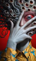 a man with weird face and big eyes and hand on the other side