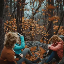two women are sitting on the ground and some trees