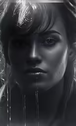a woman with her eyes open and water drops coming off