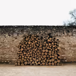 a stack of cut logs placed in front of a brick wall