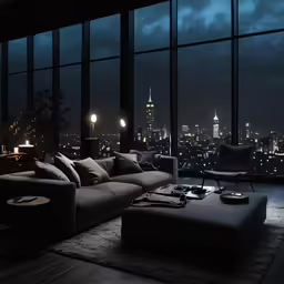 a living room with couch, ottoman and table in front of a window