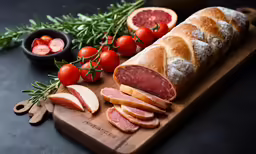 a cutting board with sliced meat, fresh bread, olives, and tomatoes on it