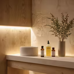 some bottles sit on a counter with plants
