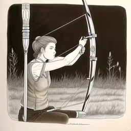 the illustration shows a woman who is holding onto an arrow,a drawing of a woman kneeling down in the grass holding onto a bow,drawing of woman with bow and arrow in grass,drawing - the lady with the bow and arrows,a lady sitting on the ground with her arms extended in front of a bow and arrows that is pointed to the side of her