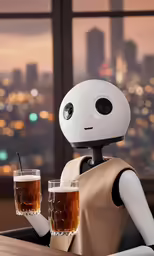 a robot holding two glasses of beer