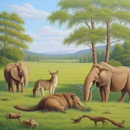 painting of two different animals, one with a gazelle,an image of a large wild animal scene,there are two adult and one young elephant,a painting with several elephants and small animals in a grassy field,a painting of animals laying in the grass