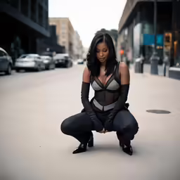 woman crouched on the side of an empty road