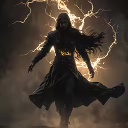 a woman in black outfit walking through dark storm with her arms out