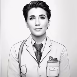 a female doctor in white coat with a stethoscope and clipping