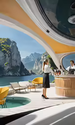 two people standing outside by the sea looking at an image in the mirror