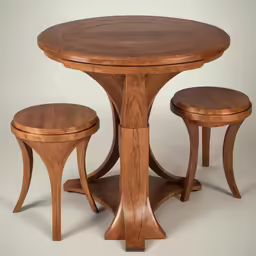two wooden stools next to a small wooden table