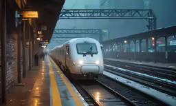 a white train is coming down the tracks at a station