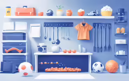 a room with various items for sports memorabilia and toys