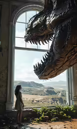 the girl is standing next to an enormous fake dragon