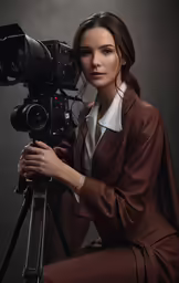 a woman sitting on a chair next to a video camera