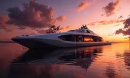 a speed boat traveling across water with clouds in the background