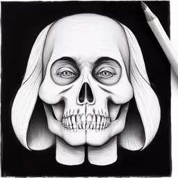 a skull in a wig drawing on paper with crayon pencil
