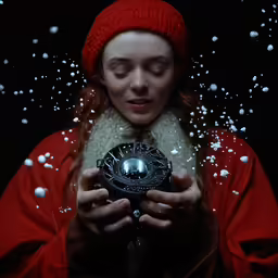 a woman in red is holding a ball with the light shining on her