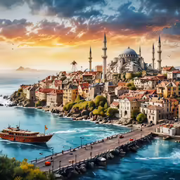 this is a painting of a town on the shore