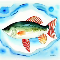 this is a water color painting of a fish,a fish that is in the water with red stripes