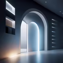a hallway with many open areas and some glowing lighting
