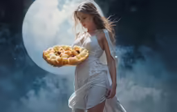 a woman is wearing a white dress and holding a pie