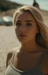 a young woman wearing a grey top looking at the camera